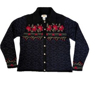 Talbots Lambswool Silk Dark Floral Embroidered Cardigan Sweater Large Hong Kong